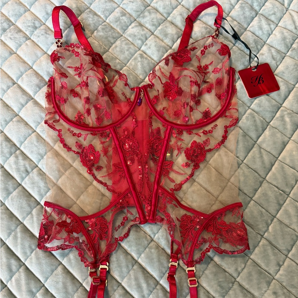 Honey Birdette Whitney Red Lace Bustier size 34G